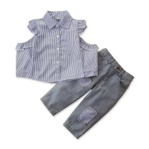 2 Piece Set Girl Stripes Print Off-shoulder Blouse And Ripped Jeans
