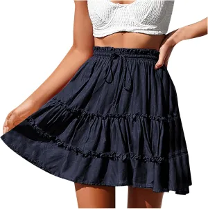 2025 Summer Boho Skirts for Women Tiered Pleated Mini Skirt Solid Bohemian Beach Vacation Skirts Cruise Clothes