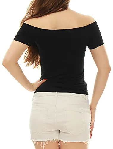 Allegra K Women's Short Sleeves Off The Shoulder Solid Crop Top X-Small Blue