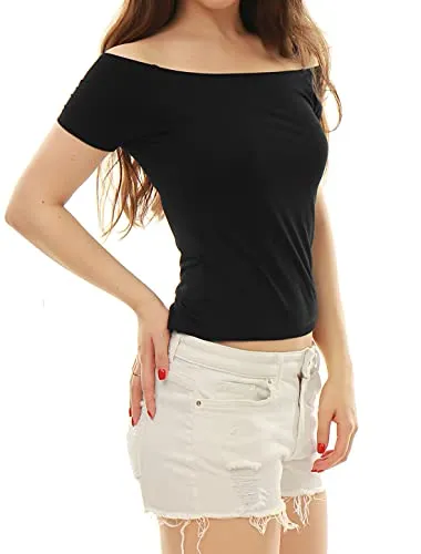 Allegra K Women's Short Sleeves Off The Shoulder Solid Crop Top X-Small Blue