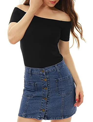 Allegra K Women's Short Sleeves Off The Shoulder Solid Crop Top X-Small Blue