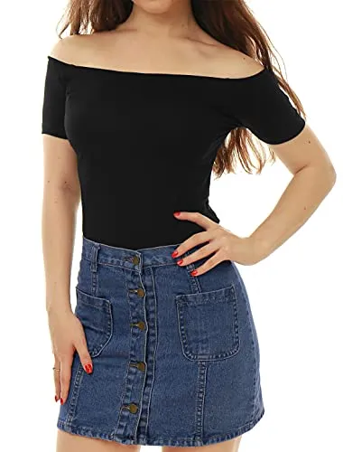 Allegra K Women's Short Sleeves Off The Shoulder Solid Crop Top X-Small Blue
