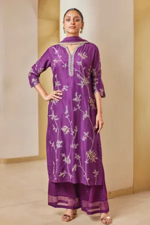 Aubergine Mulberry Embroidered Straight Suit