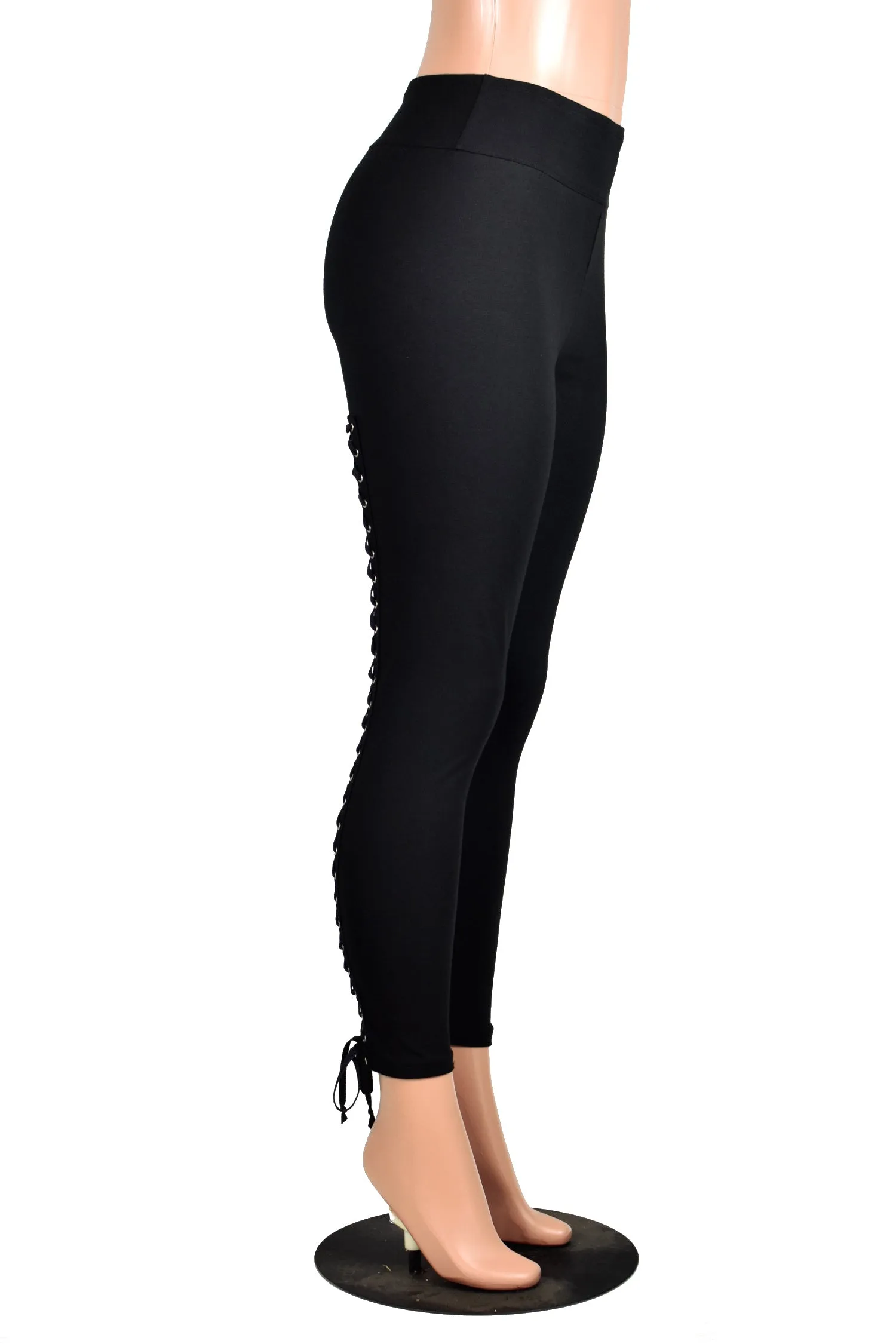 Black Cotton Spandex Back Lace-Up Leggings