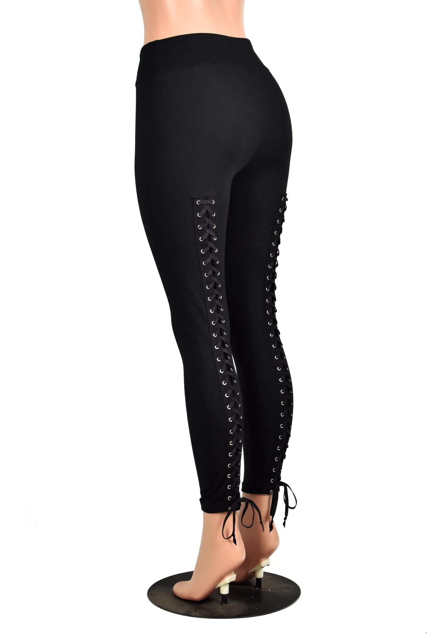 Black Cotton Spandex Back Lace-Up Leggings