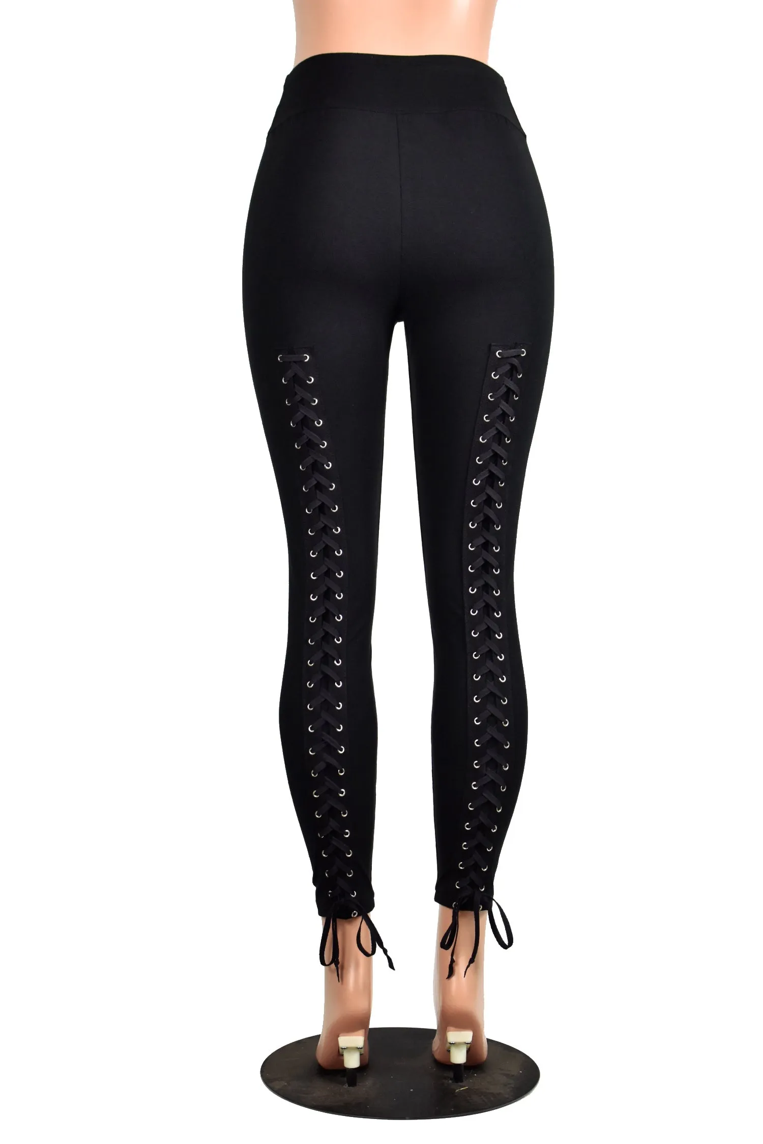 Black Cotton Spandex Back Lace-Up Leggings