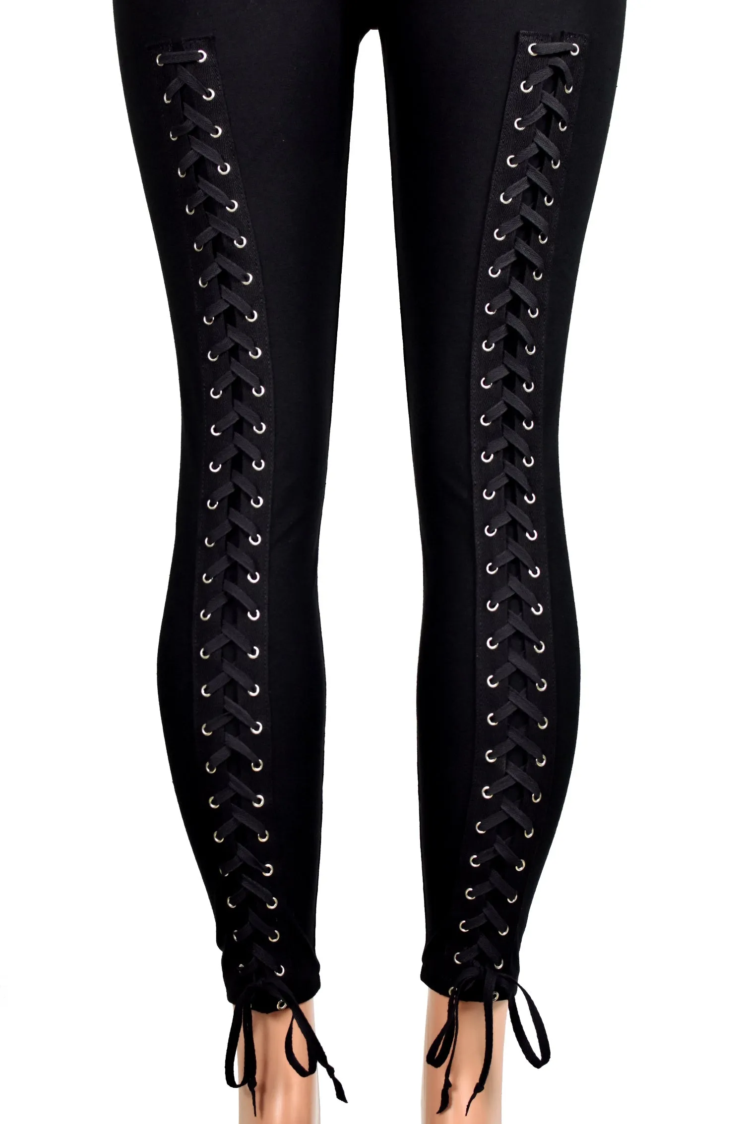 Black Cotton Spandex Back Lace-Up Leggings