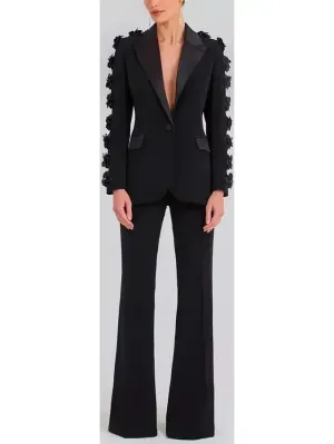 Black Floral-Applique Embellished Single-Breasted Blazer and High-Waist Pant Suit
