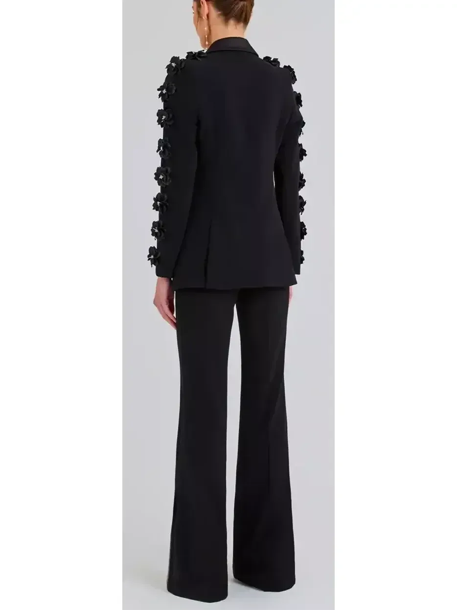 Black Floral-Applique Embellished Single-Breasted Blazer and High-Waist Pant Suit