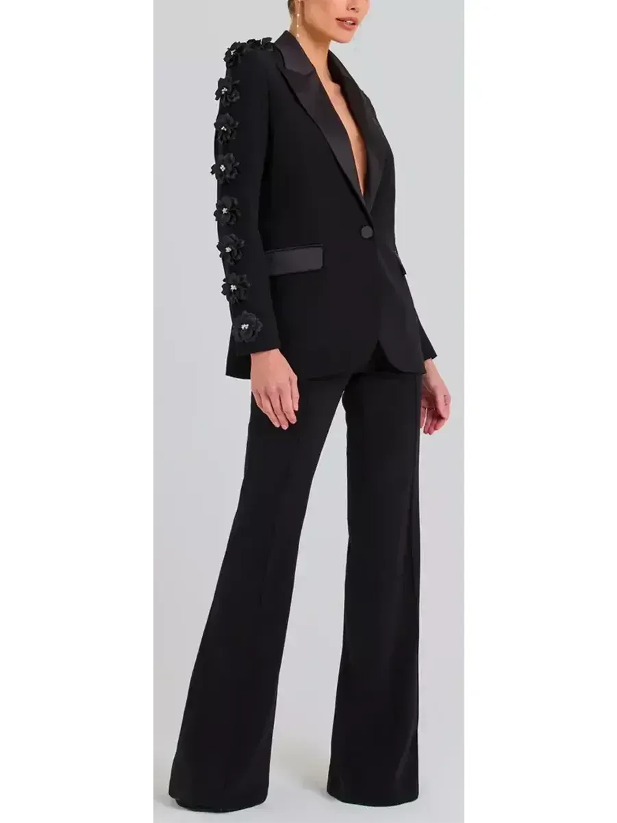 Black Floral-Applique Embellished Single-Breasted Blazer and High-Waist Pant Suit
