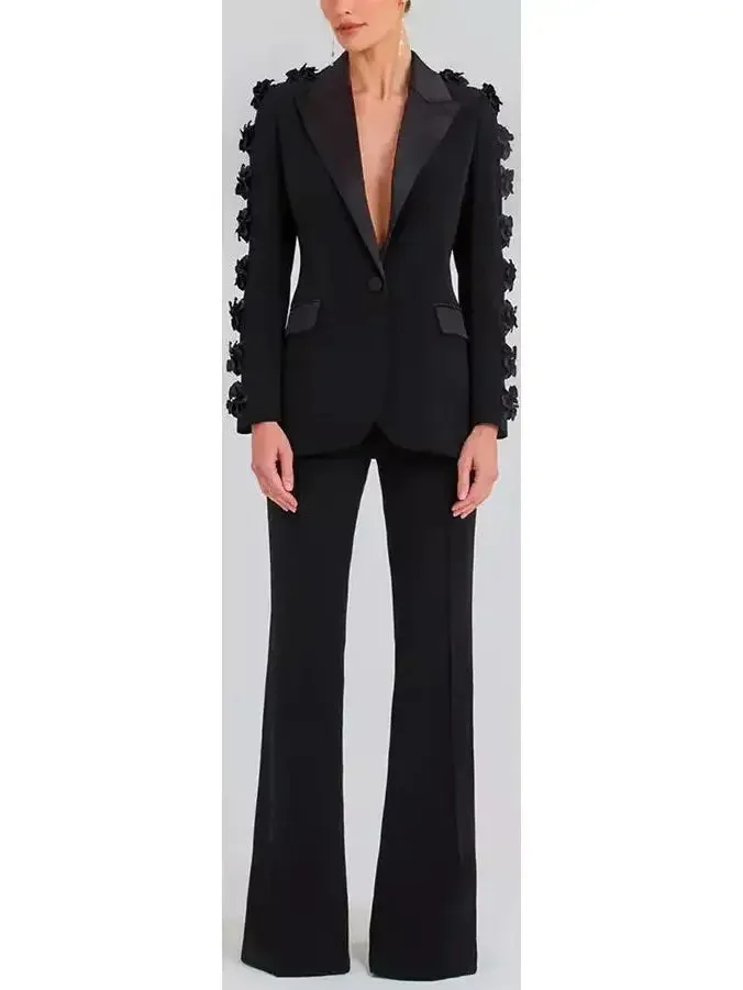 Black Floral-Applique Embellished Single-Breasted Blazer and High-Waist Pant Suit