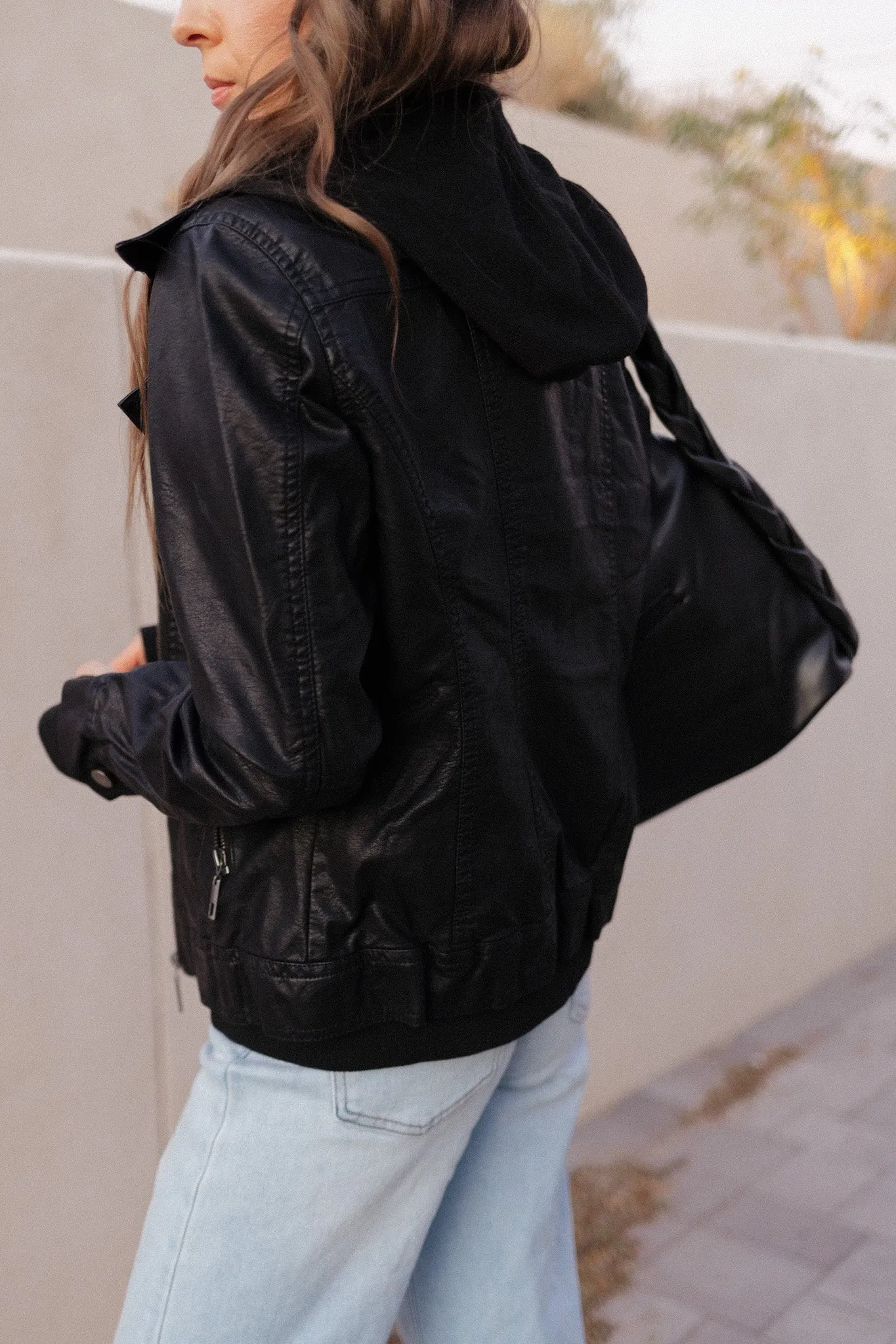 Black Hooded Lined Vegan Leather Moto Jacket with Thumbholes