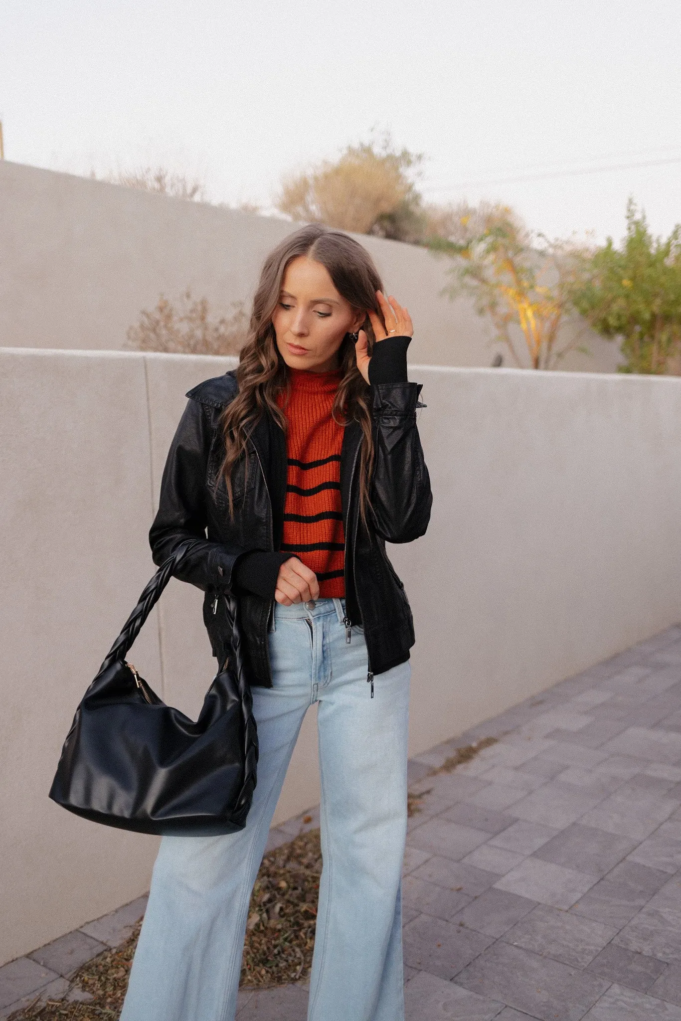 Black Hooded Lined Vegan Leather Moto Jacket with Thumbholes