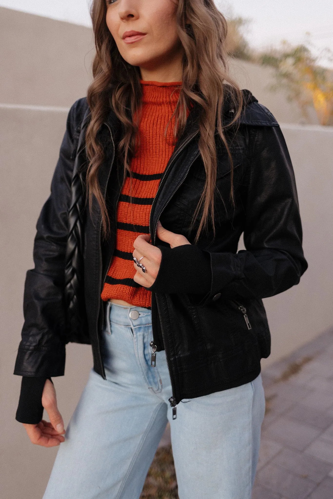 Black Hooded Lined Vegan Leather Moto Jacket with Thumbholes