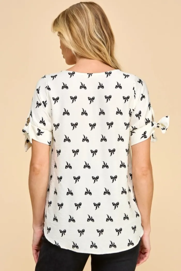 Bow Print Tie Sleeve Top
