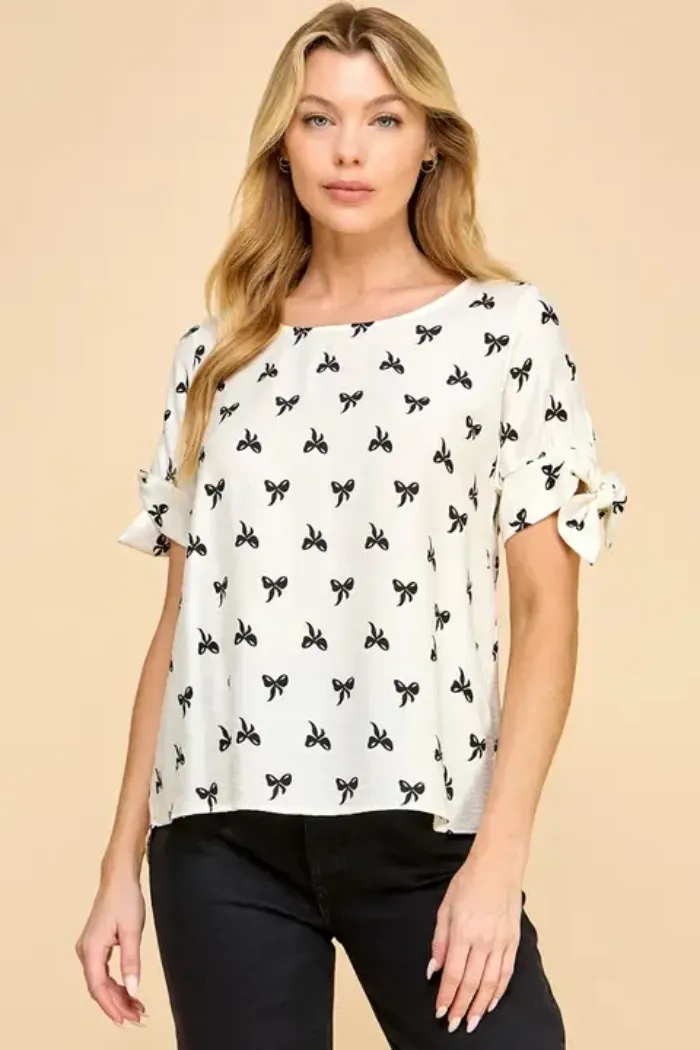 Bow Print Tie Sleeve Top