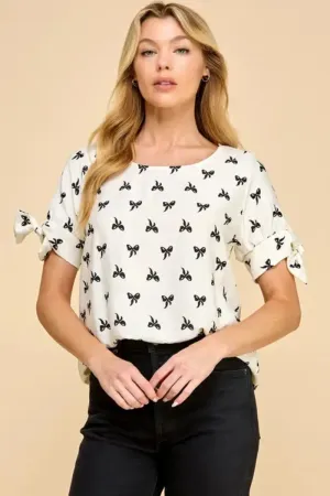 Bow Print Tie Sleeve Top