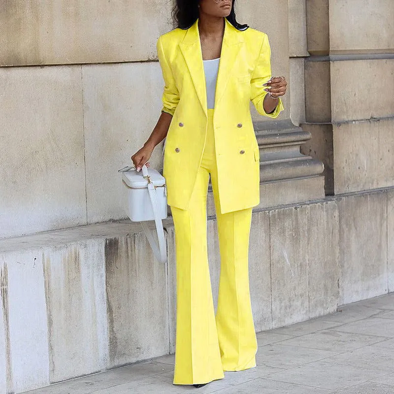 Button Decor Collared Blazer & Wide Leg Pants Suits