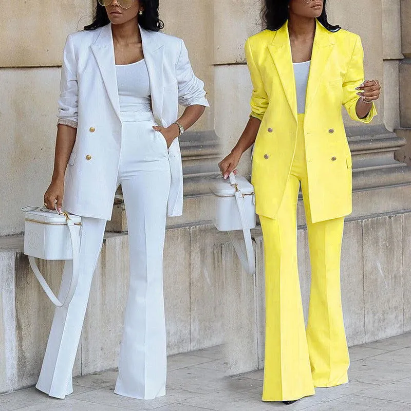 Button Decor Collared Blazer & Wide Leg Pants Suits