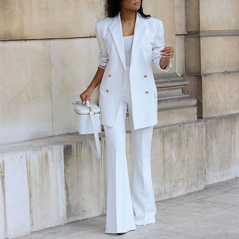 Button Decor Collared Blazer & Wide Leg Pants Suits