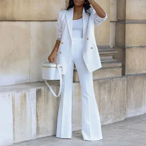 Button Decor Collared Blazer & Wide Leg Pants Suits