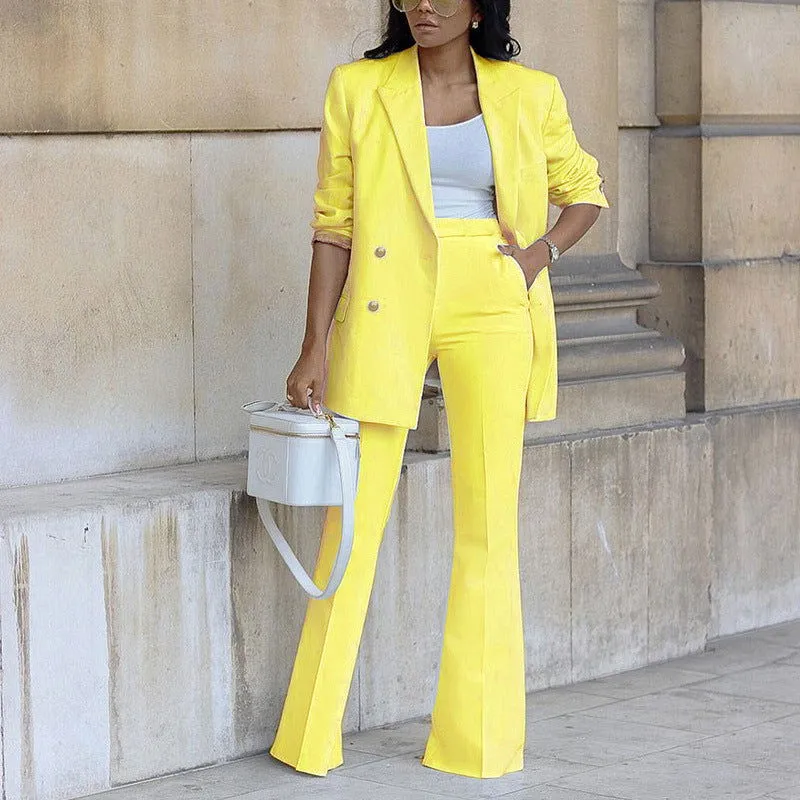 Button Decor Collared Blazer & Wide Leg Pants Suits