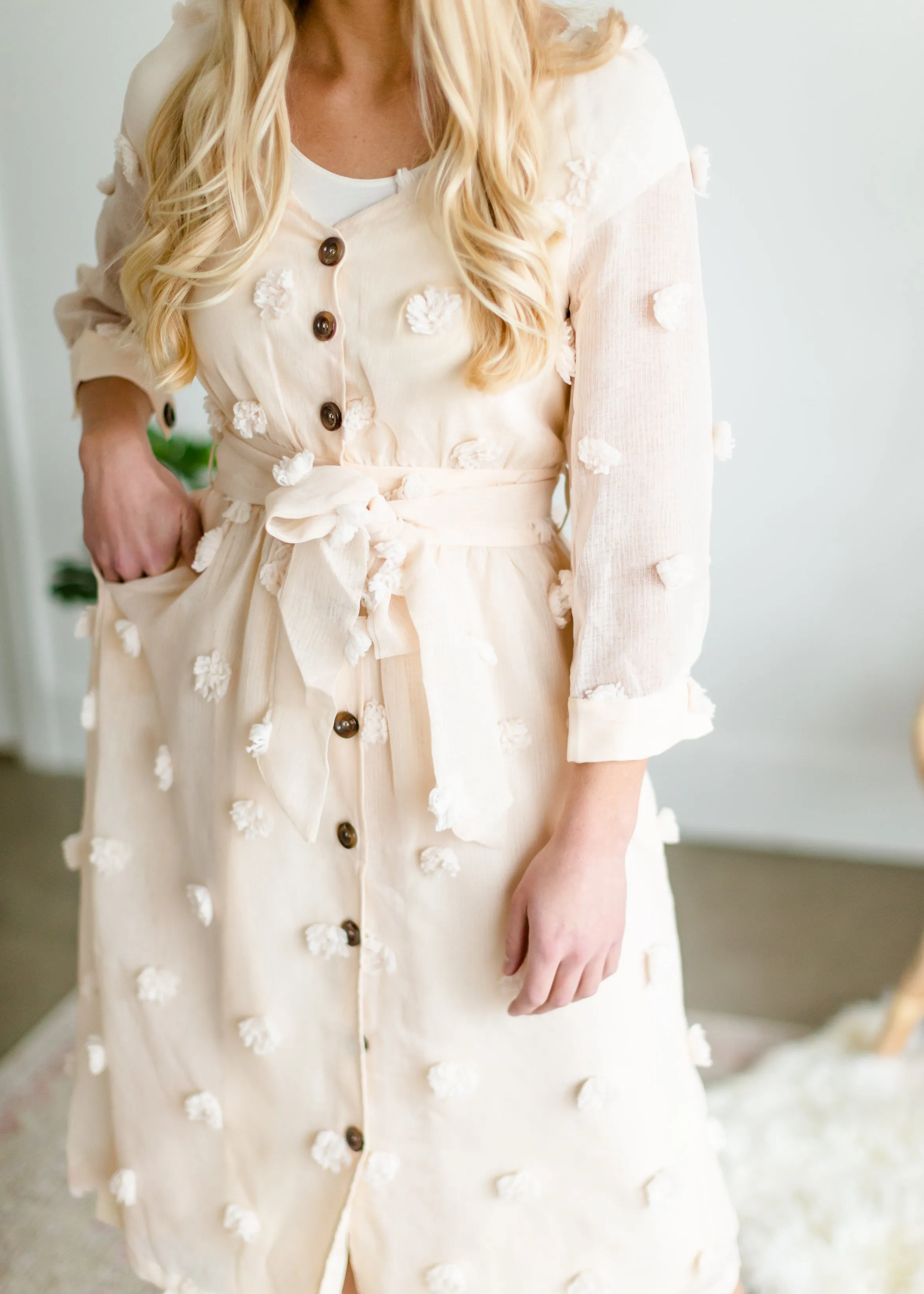 Champagne Pom Pom Woven Midi Dress - FINAL SALE