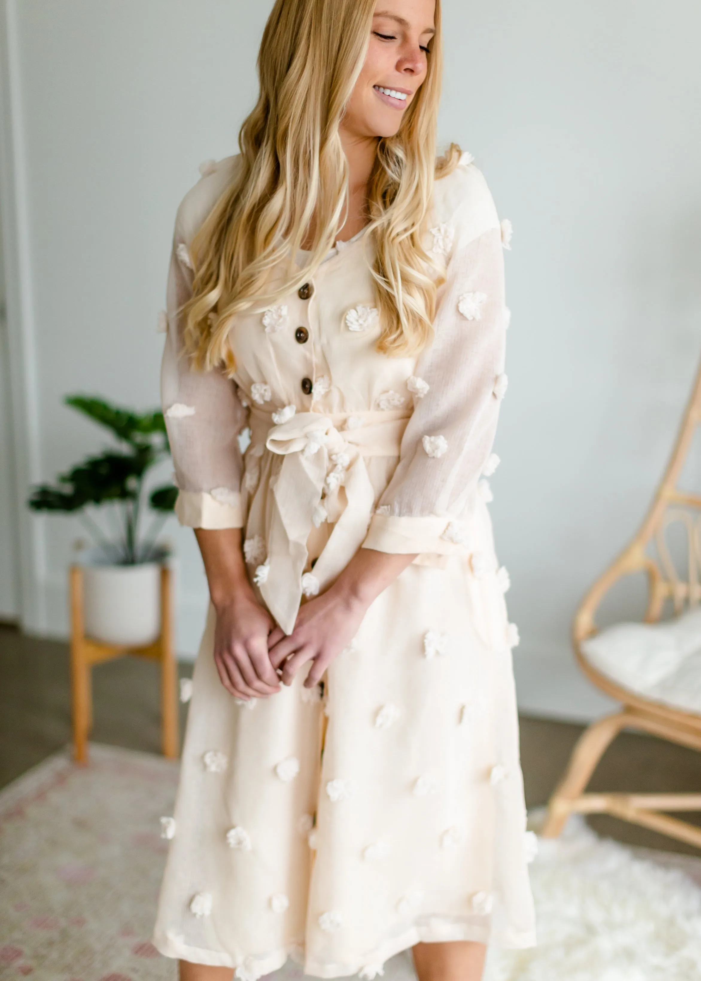 Champagne Pom Pom Woven Midi Dress - FINAL SALE