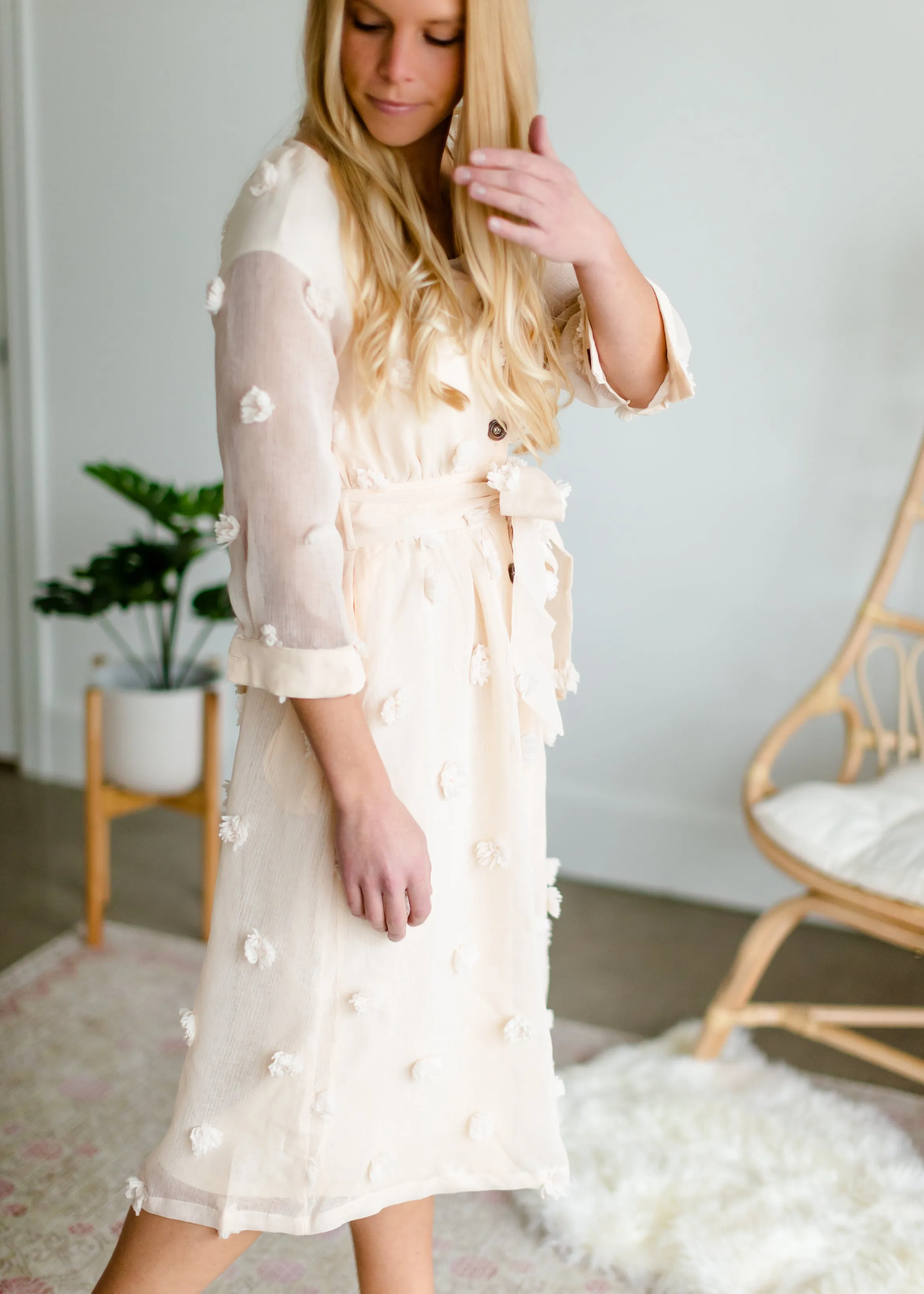 Champagne Pom Pom Woven Midi Dress - FINAL SALE