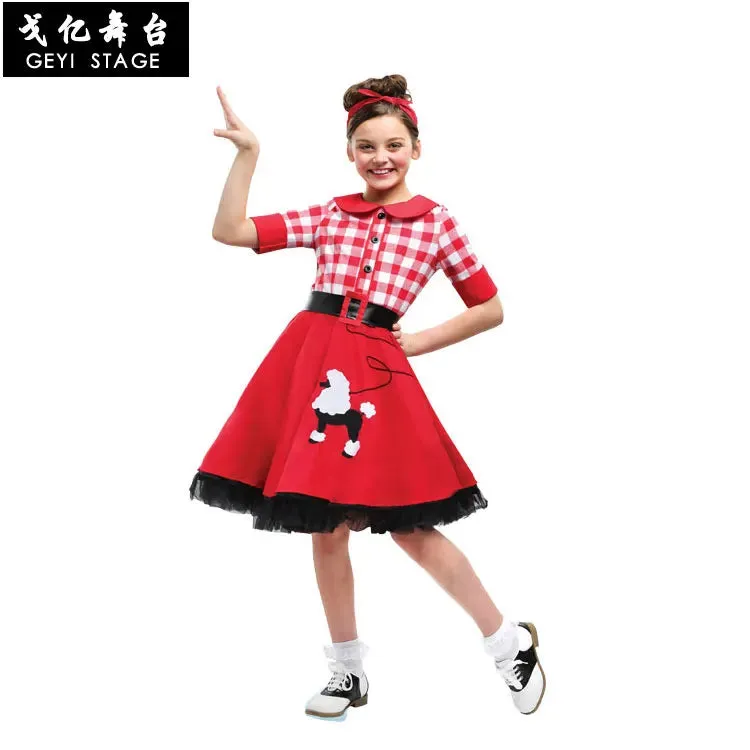 Charming Vintage Parent-Child Halloween Dress in Red Plaid & Blue Dots