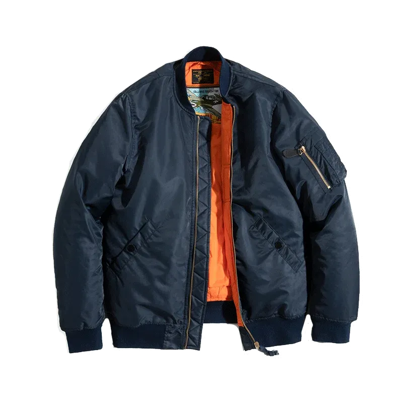 Classic Bomber Jacket  Utility Flight Jacket with Zipper And Orange Lining
