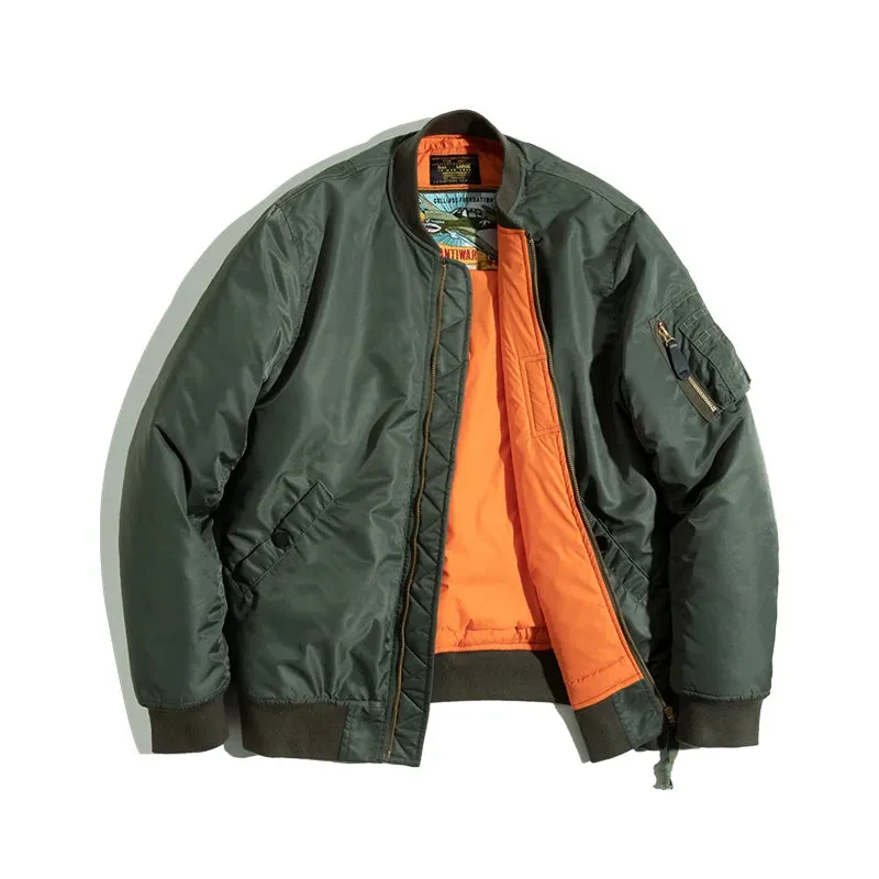 Classic Bomber Jacket  Utility Flight Jacket with Zipper And Orange Lining