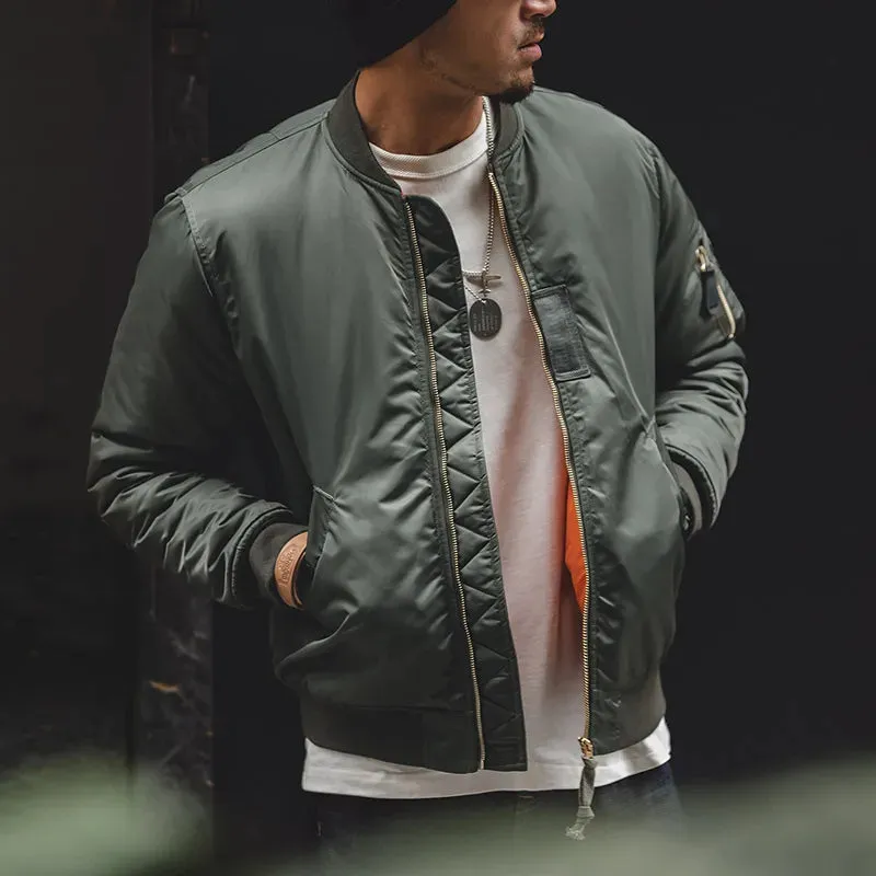 Classic Bomber Jacket  Utility Flight Jacket with Zipper And Orange Lining