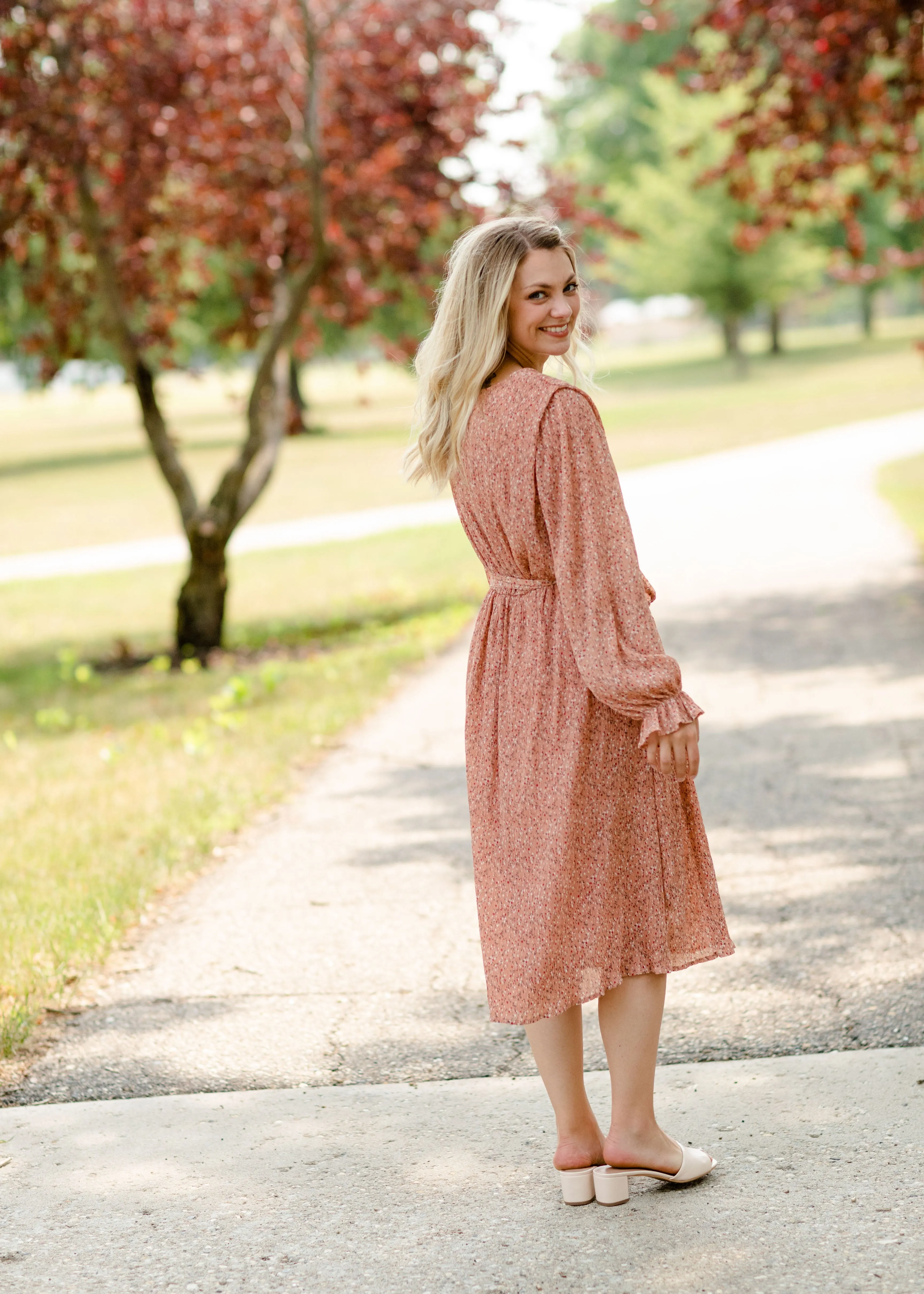 Coral Floral Pleated Midi Dress - FINAL SALE