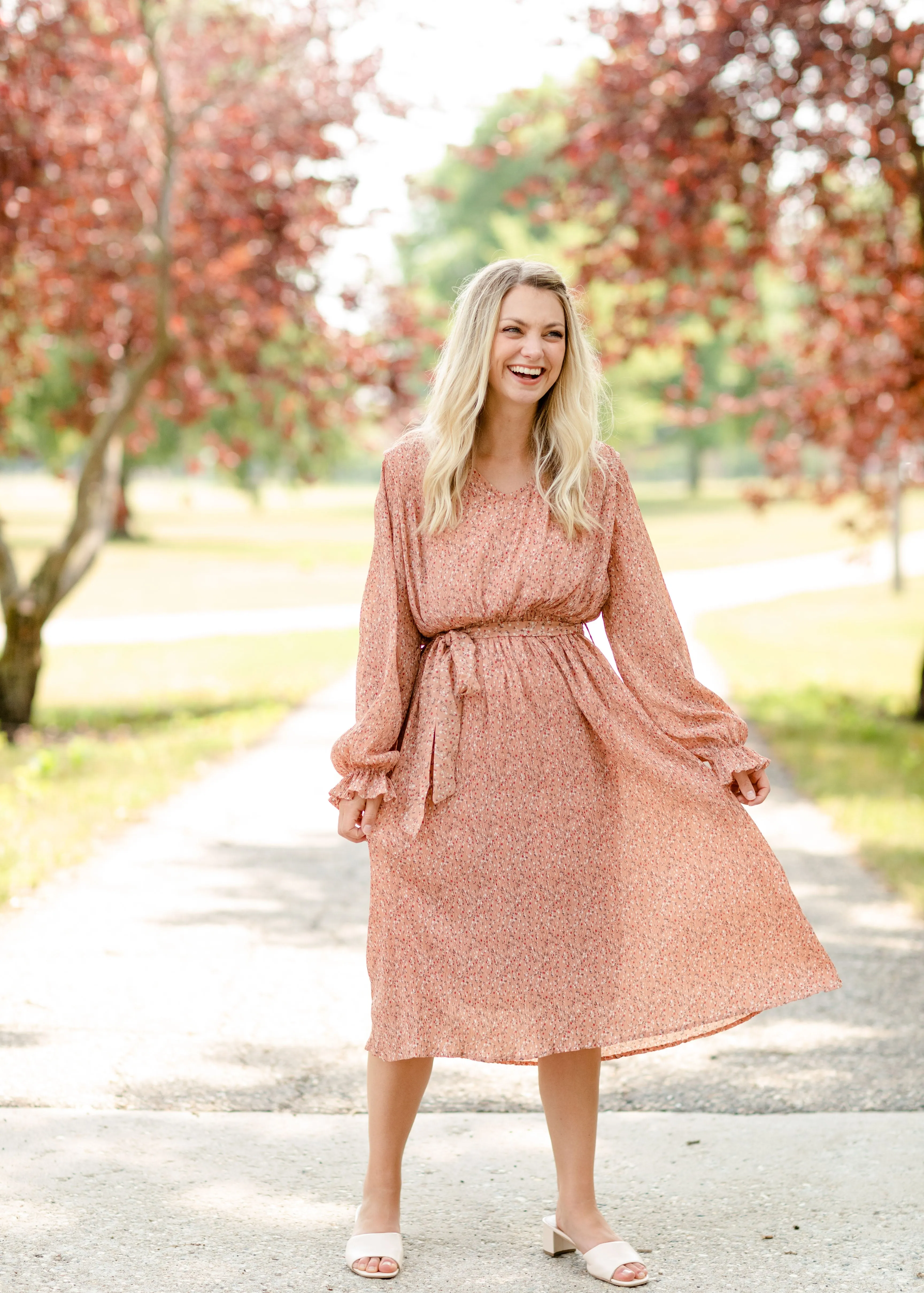 Coral Floral Pleated Midi Dress - FINAL SALE