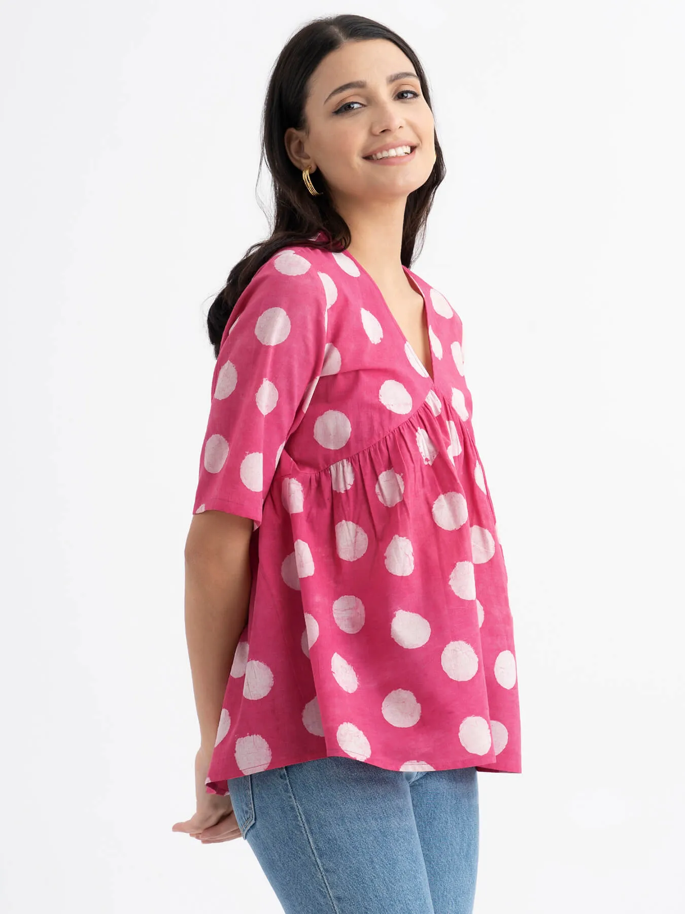 Cotton Dabu Handblock Polka Printed Top - Pink