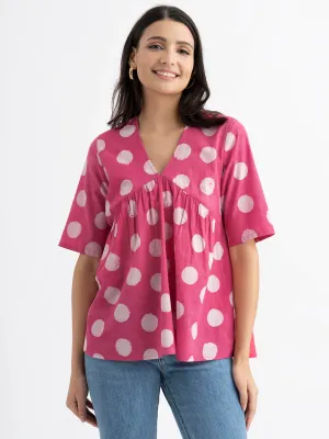 Cotton Dabu Handblock Polka Printed Top - Pink