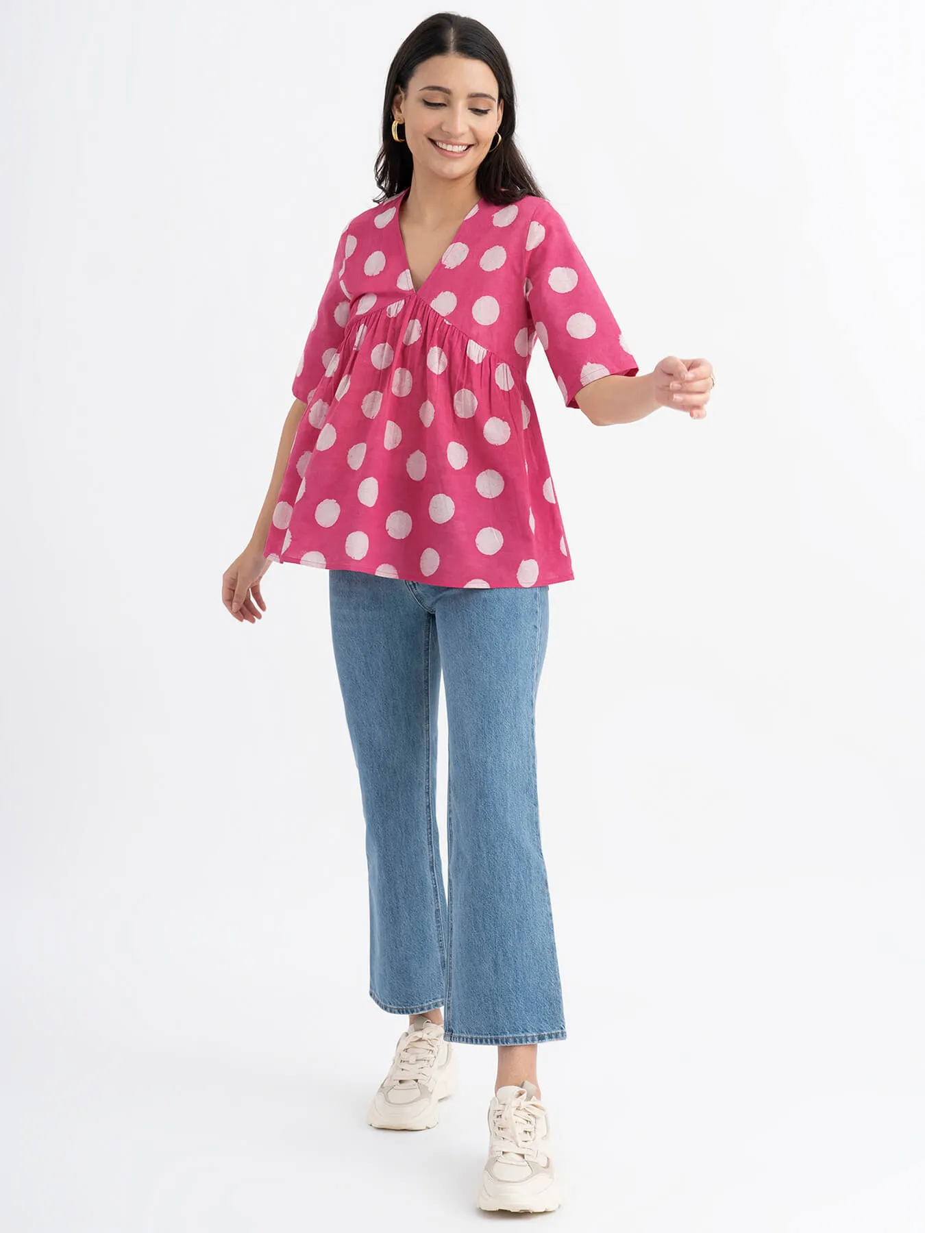 Cotton Dabu Handblock Polka Printed Top - Pink