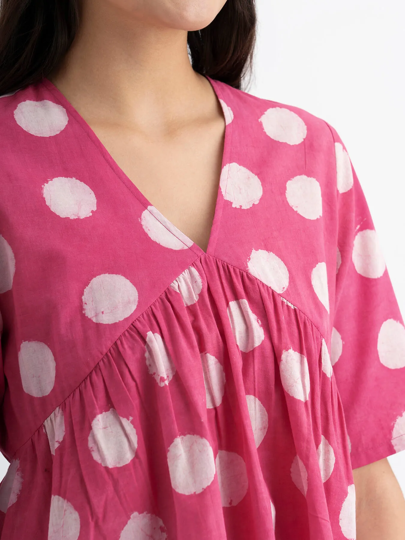 Cotton Dabu Handblock Polka Printed Top - Pink