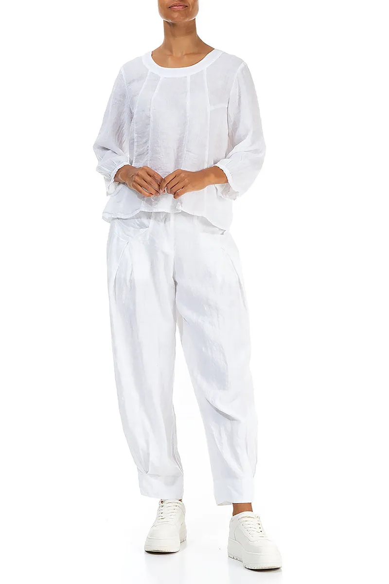 Cropped Sleeves White Linen Blouse