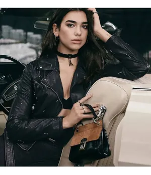 Dua Lipa Biker Belted Black Leather Jacket