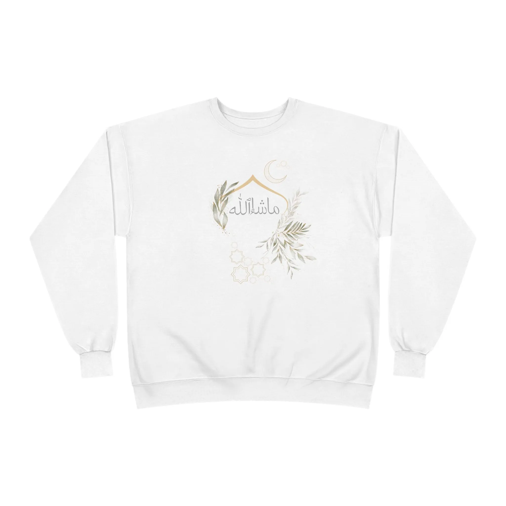 Eco-Friendly Olive and Crescent Arabic Calligraphy Crewneck Pullover Sweatshirt - Masha  Allah (Praise)