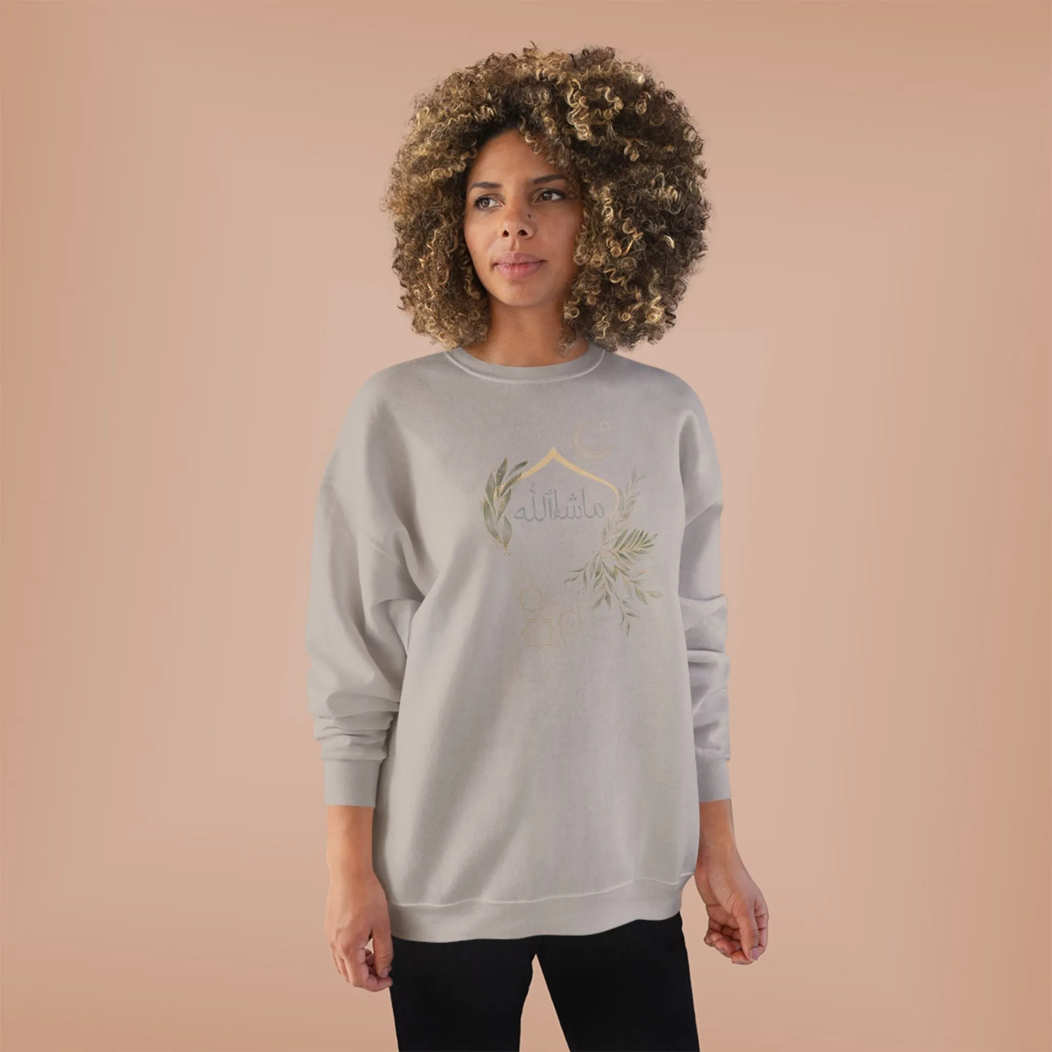 Eco-Friendly Olive and Crescent Arabic Calligraphy Crewneck Pullover Sweatshirt - Masha  Allah (Praise)