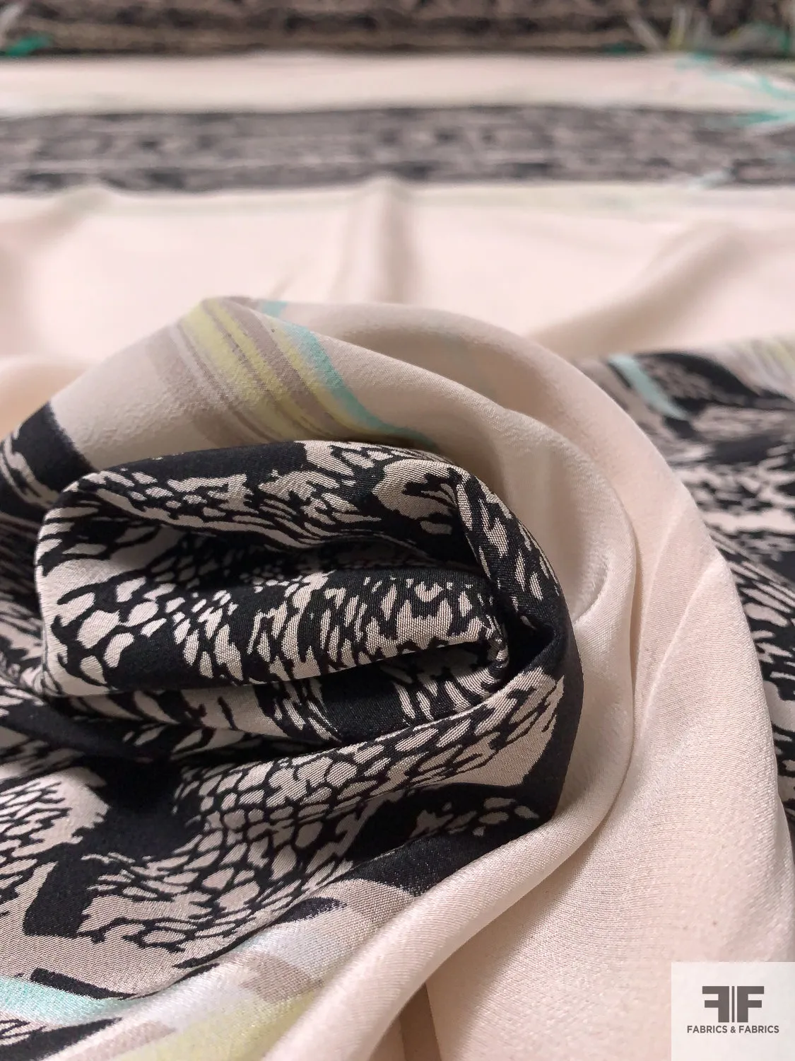 Exotic Double-Border Pattern Printed Silk Crepe de Chine - Seafoam / Yellow / Black / Taupe / Nude-Blush