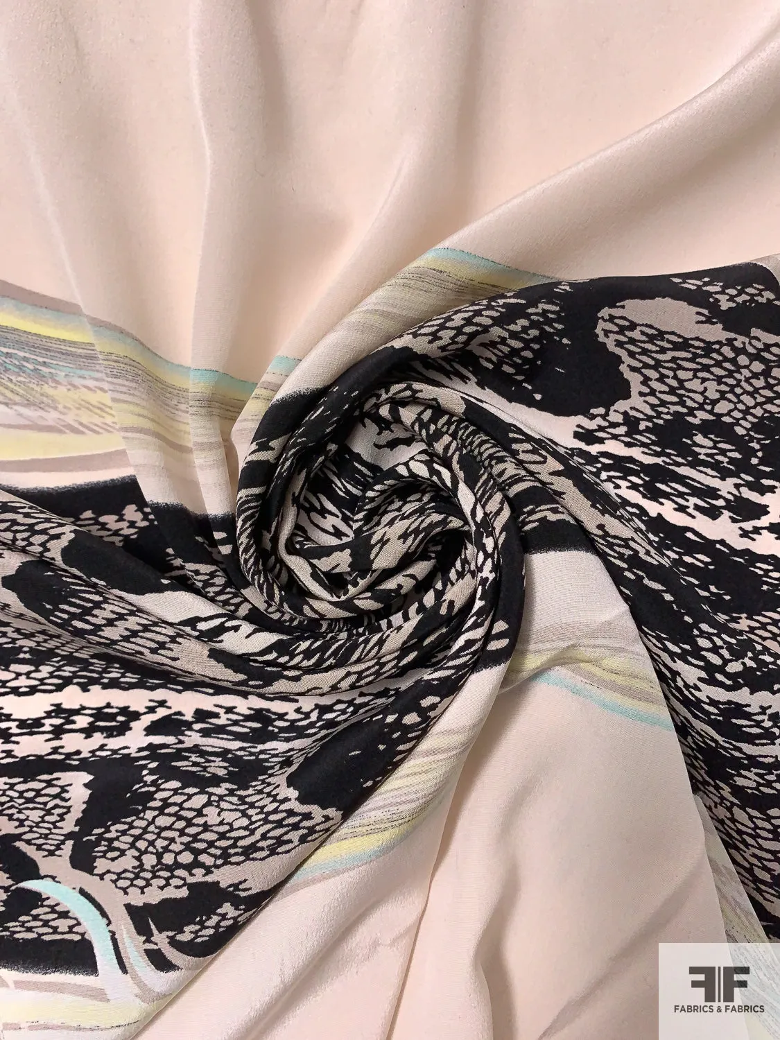 Exotic Double-Border Pattern Printed Silk Crepe de Chine - Seafoam / Yellow / Black / Taupe / Nude-Blush