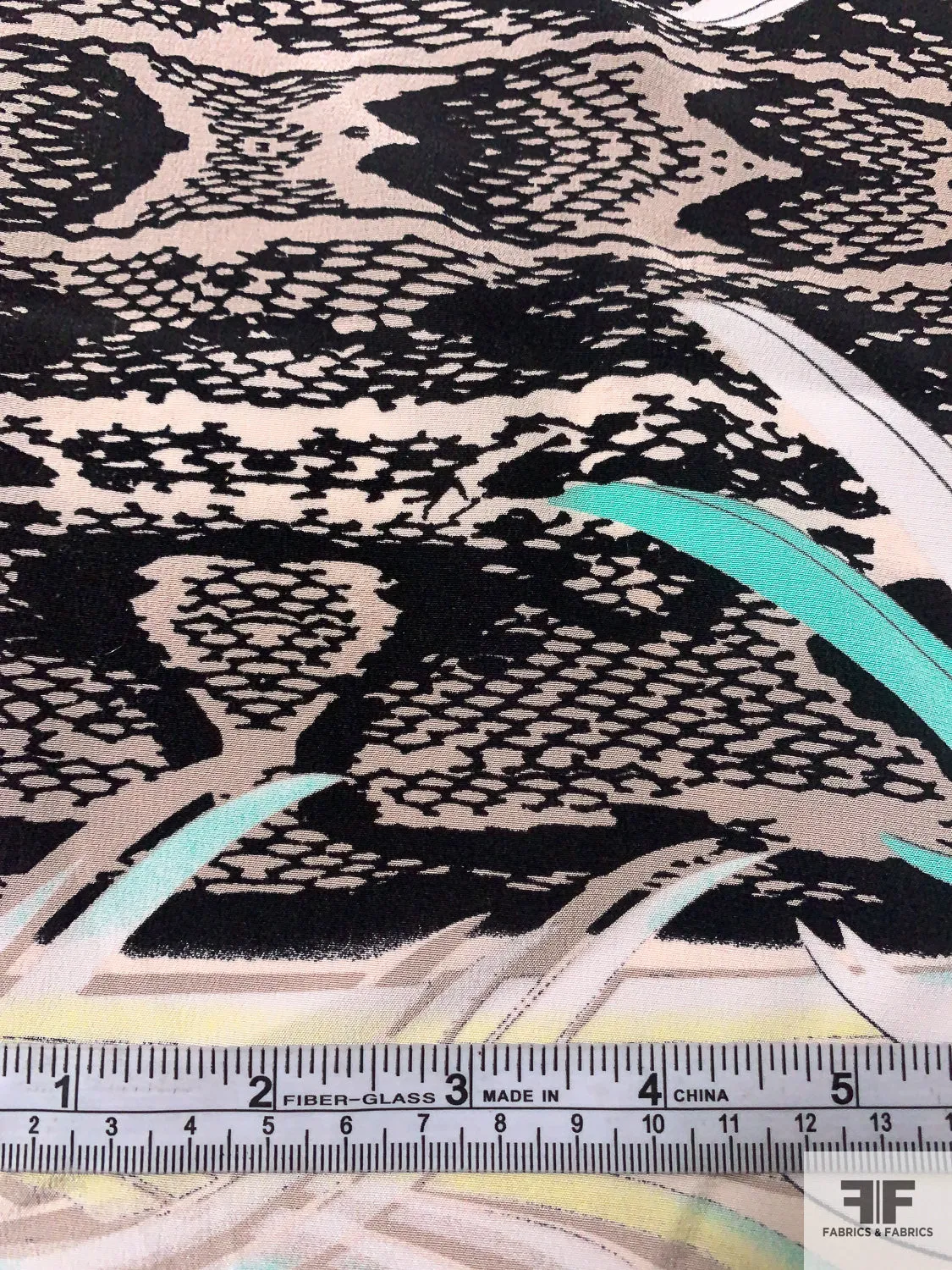 Exotic Double-Border Pattern Printed Silk Crepe de Chine - Seafoam / Yellow / Black / Taupe / Nude-Blush