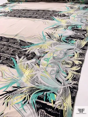 Exotic Double-Border Pattern Printed Silk Crepe de Chine - Seafoam / Yellow / Black / Taupe / Nude-Blush