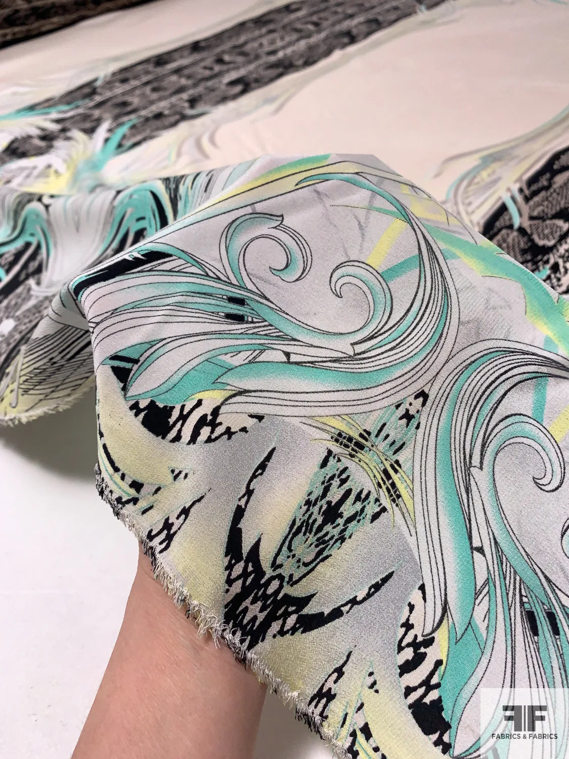 Exotic Double-Border Pattern Printed Silk Crepe de Chine - Seafoam / Yellow / Black / Taupe / Nude-Blush