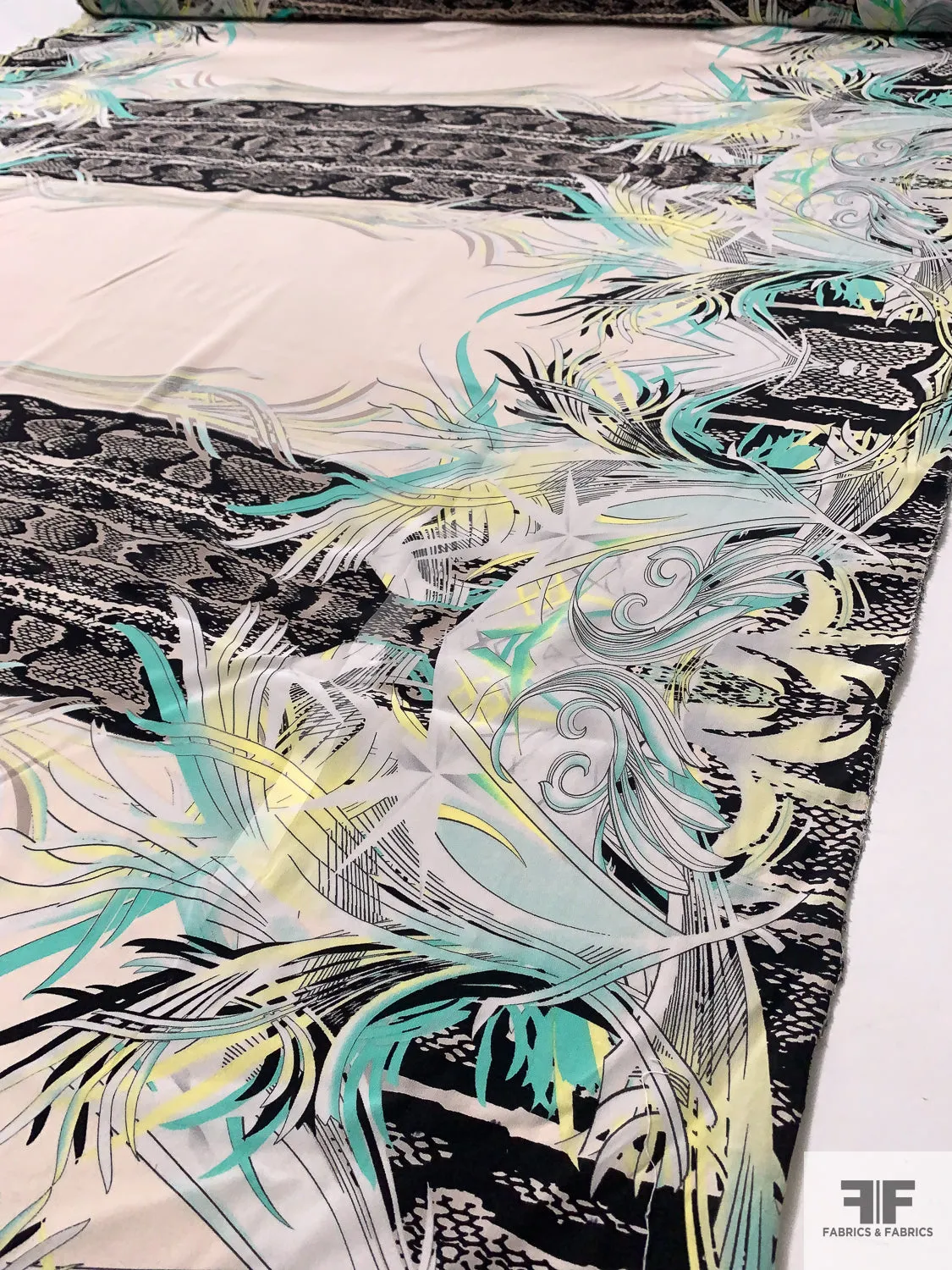 Exotic Double-Border Pattern Printed Silk Crepe de Chine - Seafoam / Yellow / Black / Taupe / Nude-Blush