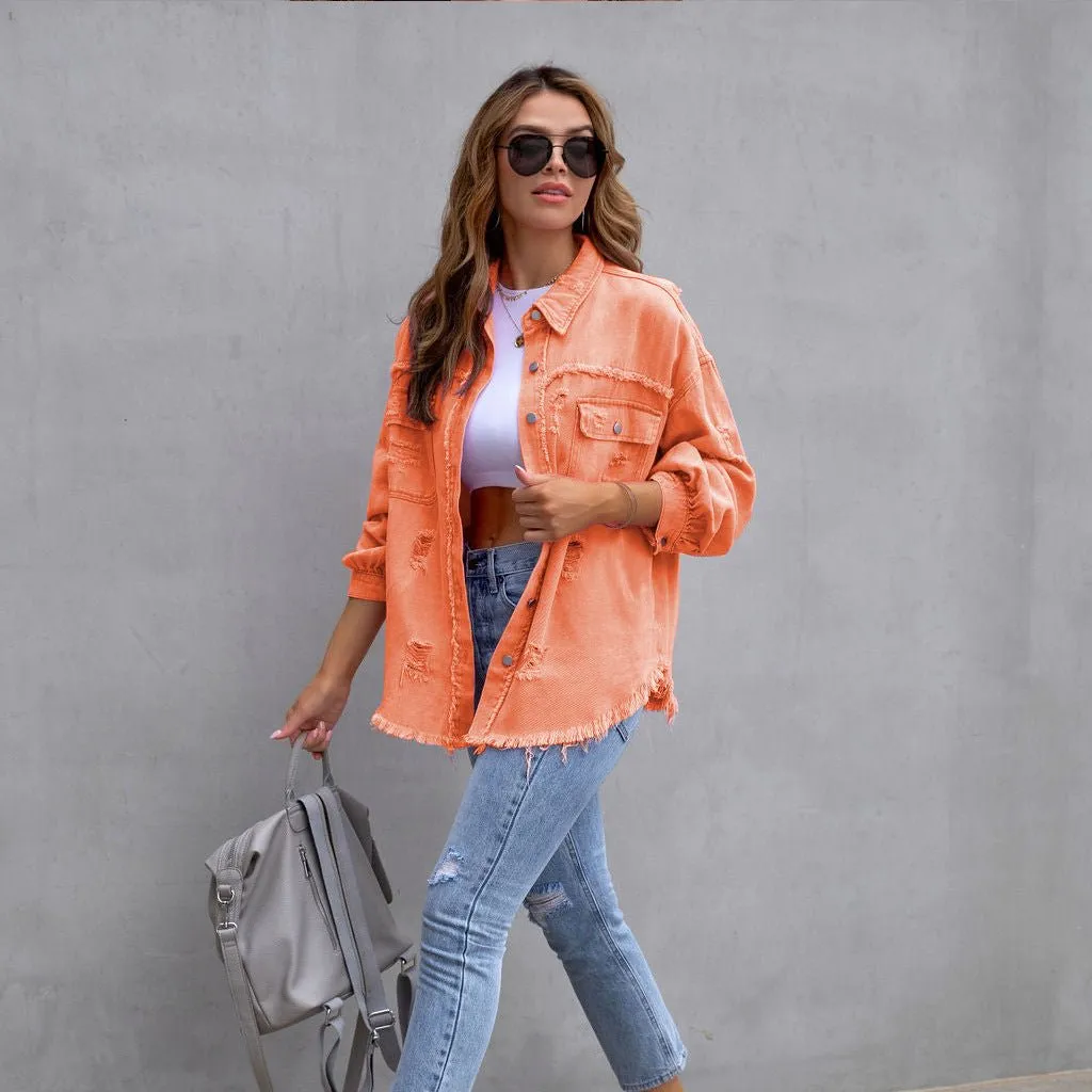 Fashion Ripped Shirt Jacket - Casual Chic for Autumn & Spring